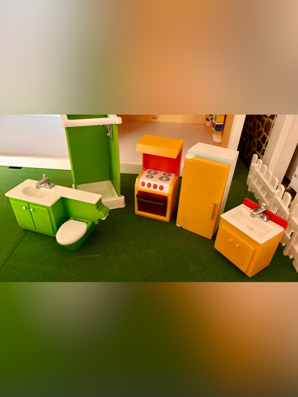 1978 Fisher-Price Green and Yellow Dollhouse Kitchen & Bath Set